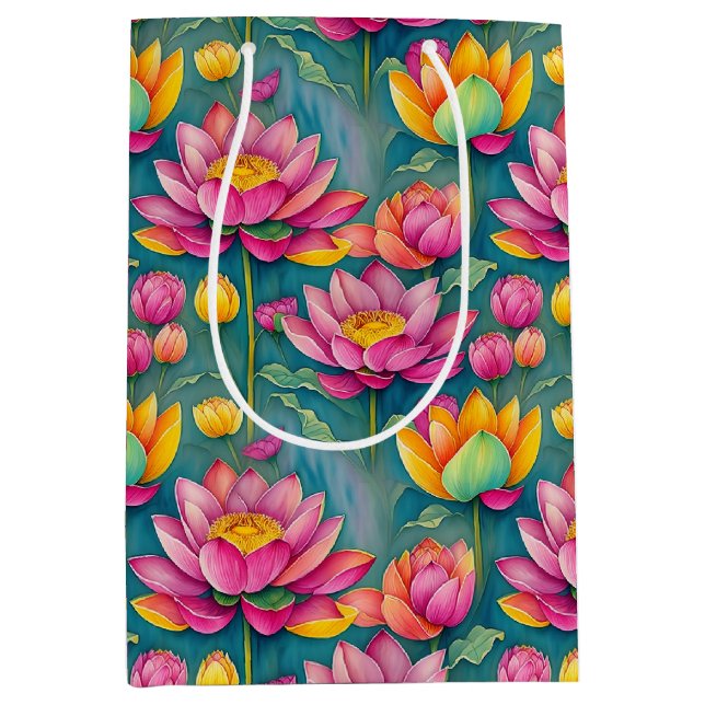 Chic Colourful Pink Lotus Flower Botanical Greener Medium Gift Bag (Front)