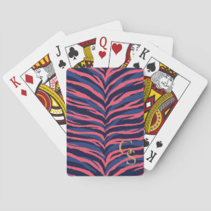 Chic colourful pink navy zebra print monogram playing cards