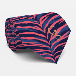 Chic colourful pink navy zebra print monogram tie
