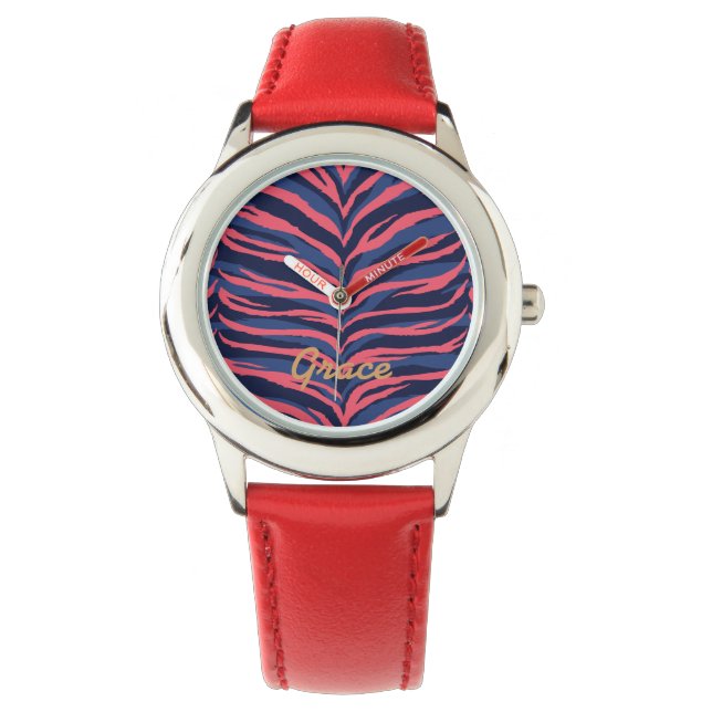 Chic colourful pink navy zebra print monogram watch (Front)