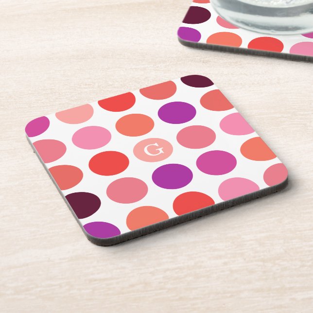 Chic colourful polka dots pattern monogram coaster (Left Side)
