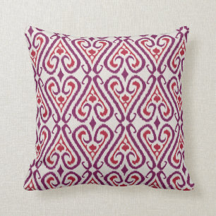 Chic colourful red and purple ikat damask patterns cushion