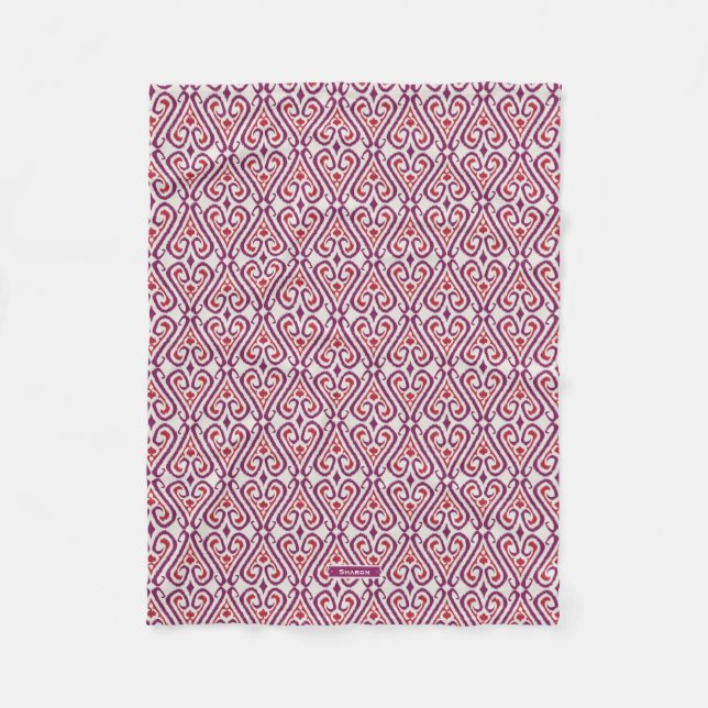Chic colourful red and purple ikat damask patterns fleece blanket (Front)