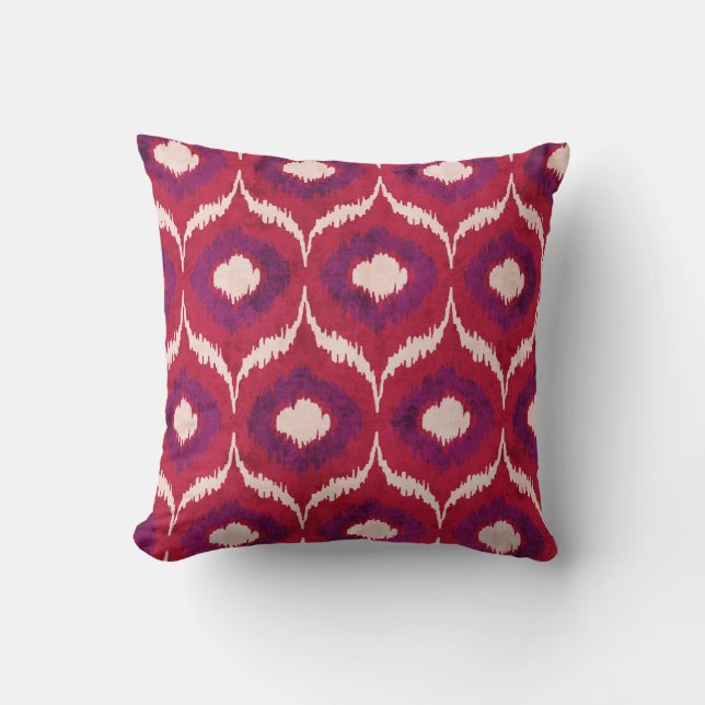 Chic colourful red and purple ikat tribal patterns cushion (Front)