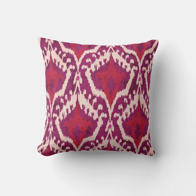 Chic colourful red and purple ikat tribal patterns cushion (Front)