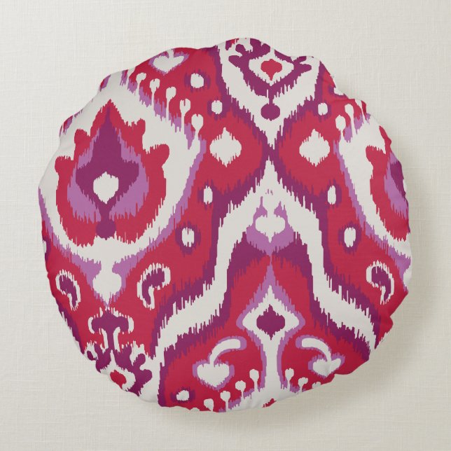 Chic colourful red and purple ikat tribal patterns round cushion (Back)