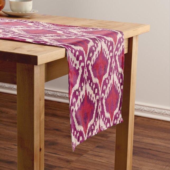 Chic colourful red and purple ikat tribal patterns short table runner (In Situ)