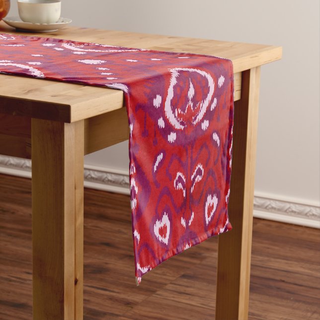 Chic colourful red and purple ikat tribal patterns short table runner (In Situ)