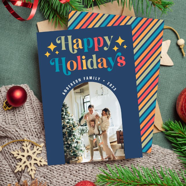 Chic Colourful Retro Happy Holidays Christmas Phot Holiday Card (Creator Uploaded)