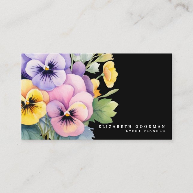 Chic Colourful Spring Pansies Black Business Cards (Front)