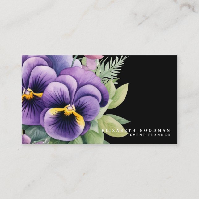 Chic Colourful Spring Pansies Black Business Cards (Front)