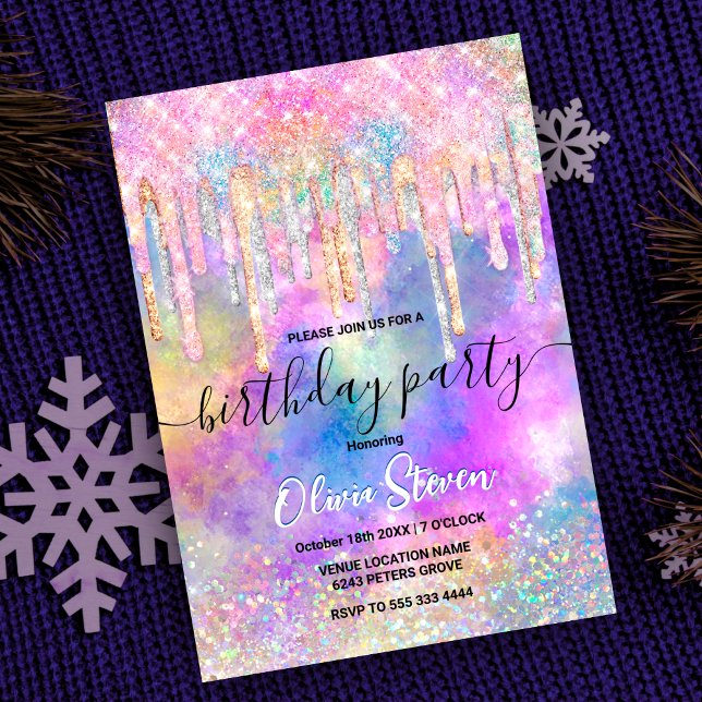 Chic colourful unicorn dripping glitter invitation (Creator Uploaded)