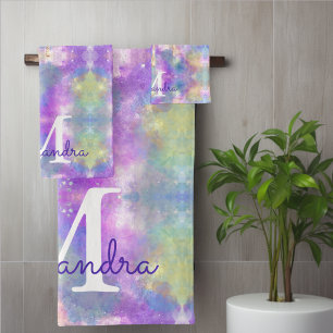 Chic colourful unicorn dripping glitter monogram bath towel set
