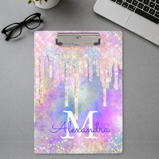 Chic colourful unicorn dripping glitter monogram clipboard (Creator Uploaded)