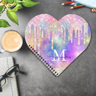 Chic colourful unicorn dripping glitter monogram notebook