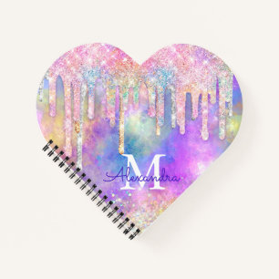 Chic colourful unicorn dripping glitter monogram notebook