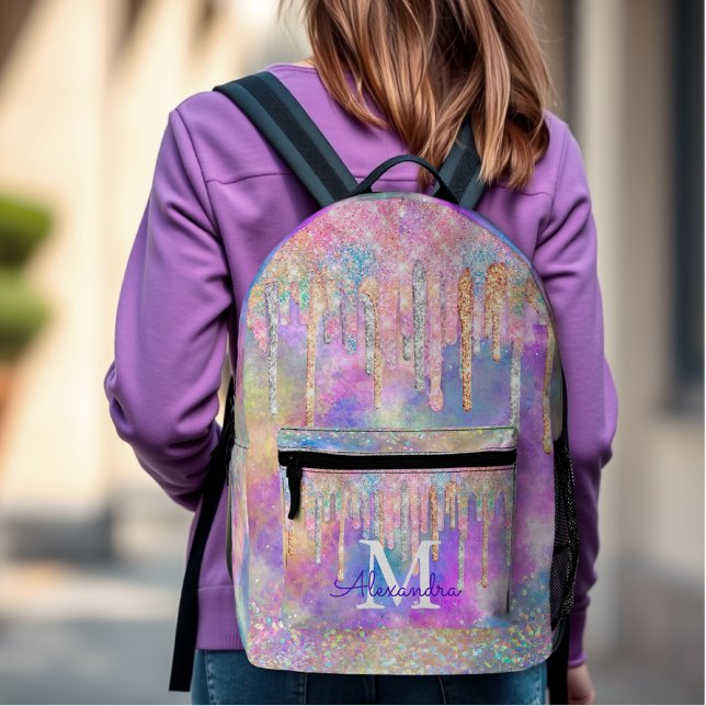 Chic colourful unicorn dripping glitter monogram printed backpack (Creator Uploaded)