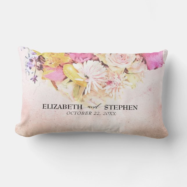 Chic Colourful Watercolor Flowers Botanical Weddin Lumbar Cushion (Front)