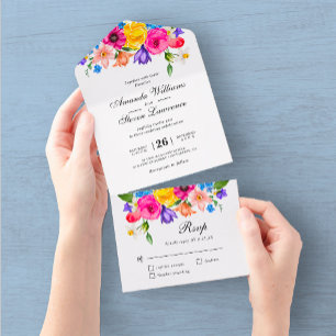 Chic colourful wildflowers wedding all in one invitation