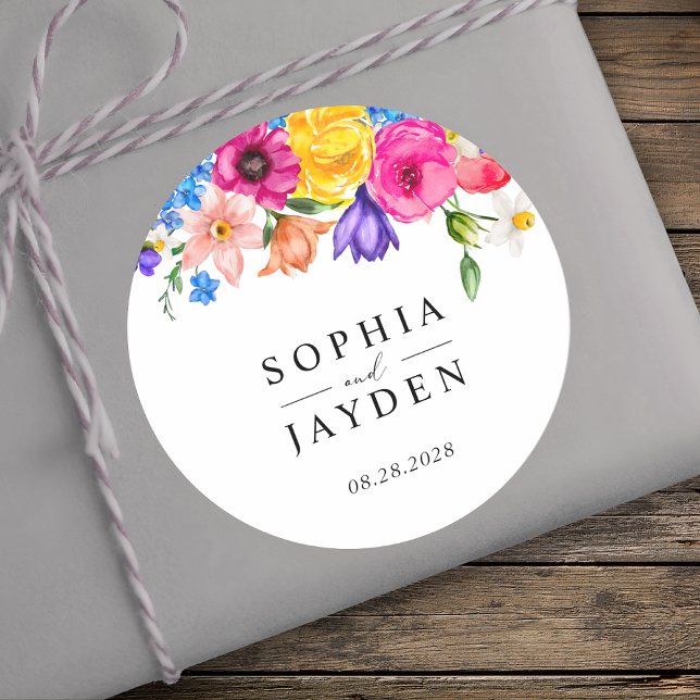 Chic colourful wildflowers wedding monogram  classic round sticker (Creator Uploaded)