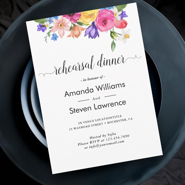 Chic colourful wildflowers wedding rehearsal dinne invitation (Creator Uploaded)