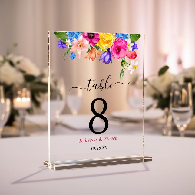 Chic colourful wildflowers wedding table numbers acrylic sign (Creator Uploaded)