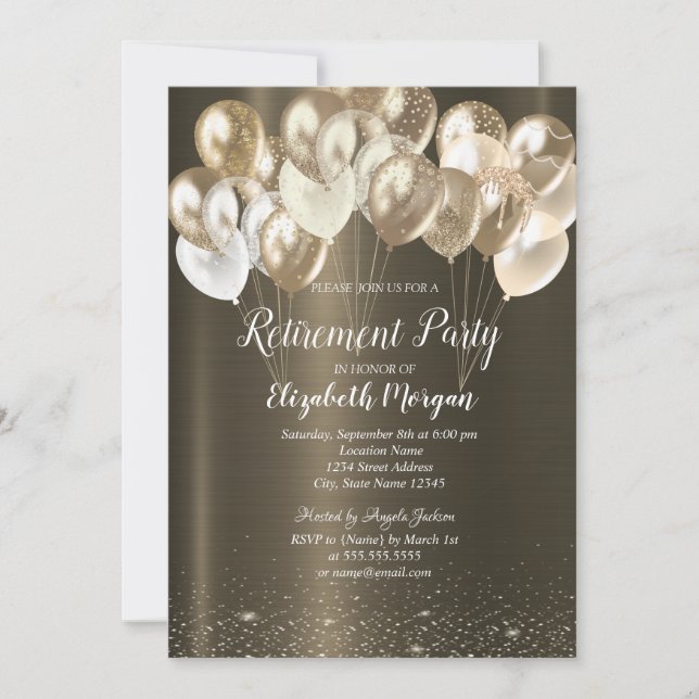 Chic  Confetti Balloons Brown Metallic Retirement  Invitation (Front)