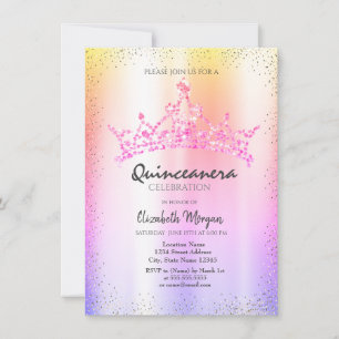 Chic Confetti Crown Ombre Metallic Quinceañera Invitation
