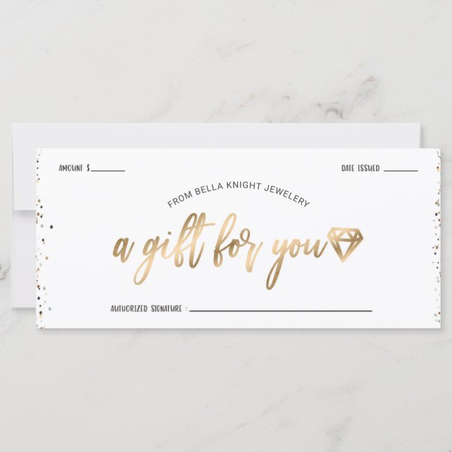 Chic Confetti & Gold Diamond Gem Gift Certificate (Front)