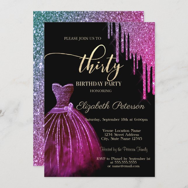 Chic Cool Dress Glitter Drips 30th Birthday   Invitation (Front/Back)