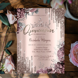 Chic Cool Glitter Crown Drop Dark Roses Invitation