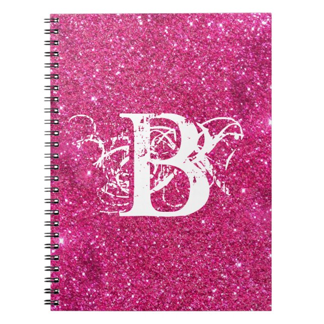 Chic Cool Pink Glitter White Initial Monogram Notebook (Front)