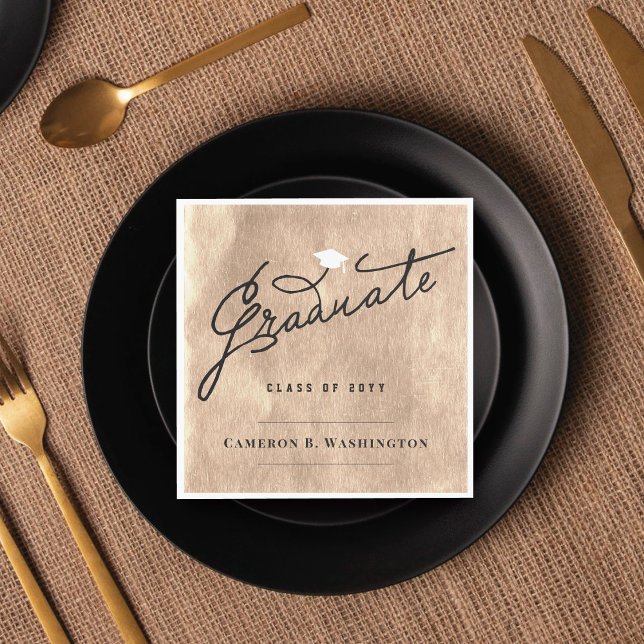 Chic Copper Foil Graduate Graduation Party Paper Napkin (Stylish Graduate Script Copper Foil Modern Graduation Party Paper Napkin @ zazzle.com/color_therapy)