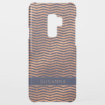 Chic Copper Rose Gold Foil Navy Blue Chevron Uncommon Samsung Galaxy S9 Plus Case<br><div class="desc">Girly Copper Rose Gold Foil Chevron on Navy Blue phone case with elegant dark blue background and space for your name or other custom text. Easy to customise with text, fonts, and colours. Created by Zazzle pro designer BK Thompson © exclusively for Cedar and String; please contact us if you...</div>