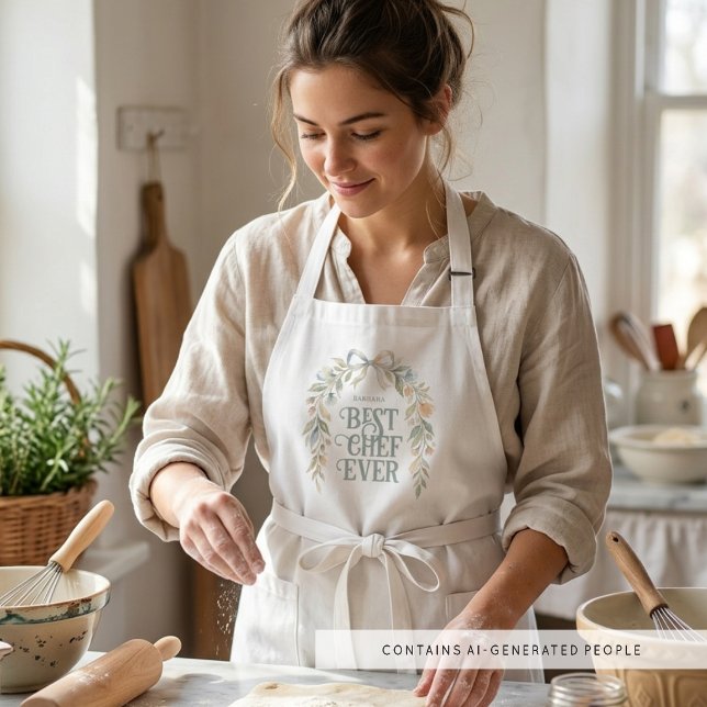 Chic Coquette Floral Best Chef Ever Gift MH26 Long Apron (Chic Coquette Best Chef Ever Apron with Elegant Pastel Floral Wreath Watercolor Effect.)