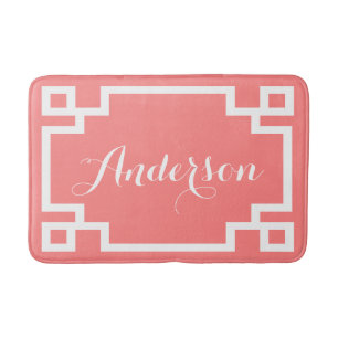 Chic Coral and White Greek Key Custom Monogram Bath Mat