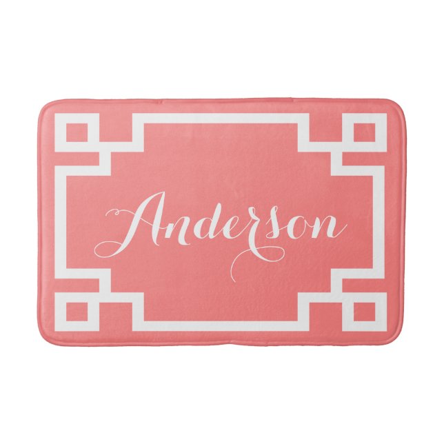 Chic Coral and White Greek Key Custom Monogram Bath Mat (Front)