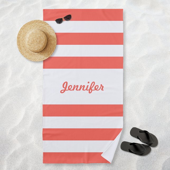 Chic Coral and White Stripes Personalised Beach Towel (Chic Coral and White Stripes Personalized Beach Towel)