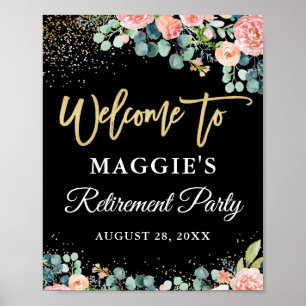 Chic Coral Floral Gold Retirement Party Welcome Poster