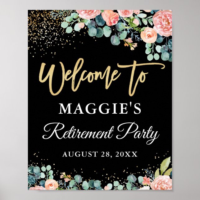 Chic Coral Floral Gold Retirement Party Welcome Poster (Front)