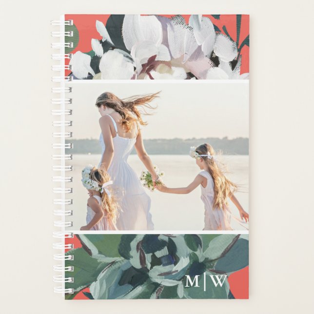 Chic Coral Floral Two Photo with Monogram Planner (Front)