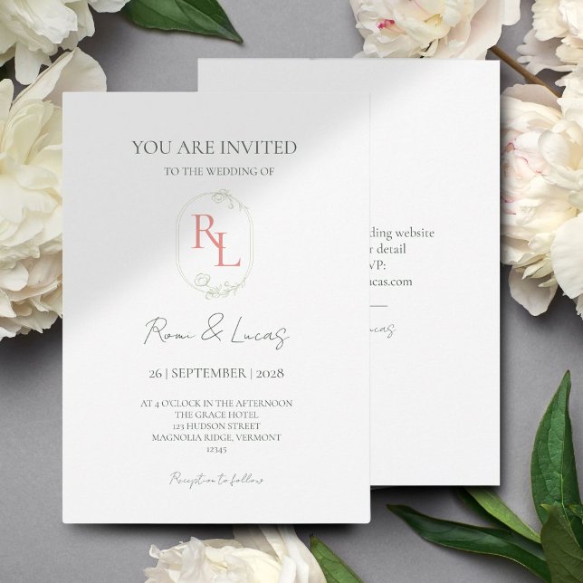 Chic Coral & Green Floral Monogram Wedding Invitation (Creator Uploaded)