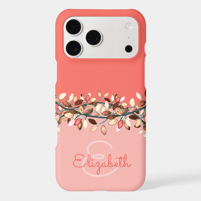 Chic Coral Ombre Add A Name Monogram Leaves (Back)