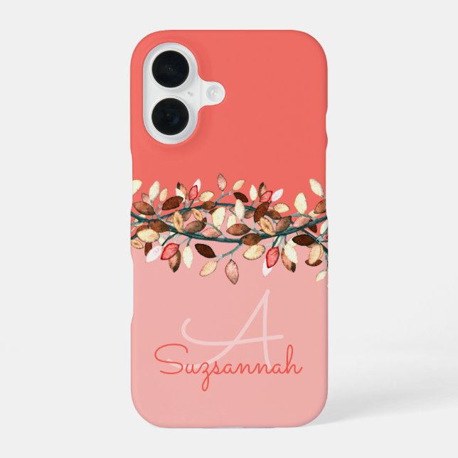 Chic Coral Ombre Custom Monogram Leafy Branches iPhone 16 Case (Back)