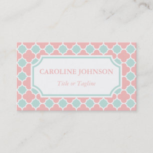 Chic Coral Pink Mint Green White Quatrefoil Business Card