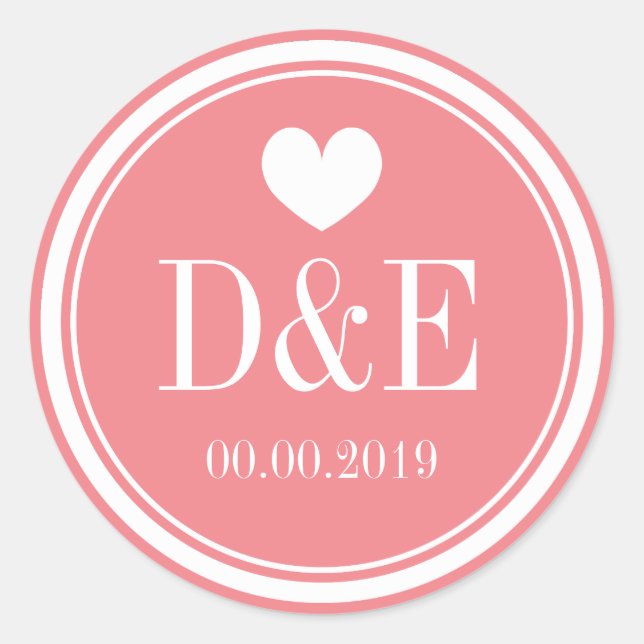Chic coral pink monogram wedding stickers (Front)