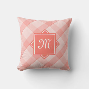 Chic Coral Plaid With Modern Diagonal Monogram Cushion