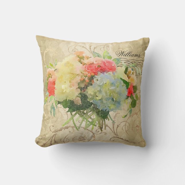 Chic Coral Rose Blue Hydrangea on Shiny Gold Name Cushion (Front)