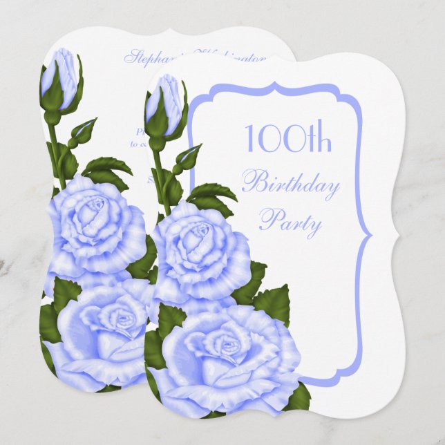 Chic Corner Blue Roses 100th Birthday Invitation (Front/Back)