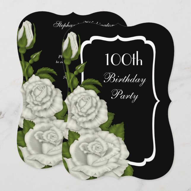 Chic Corner White Roses 100th Birthday Invitation (Front/Back)